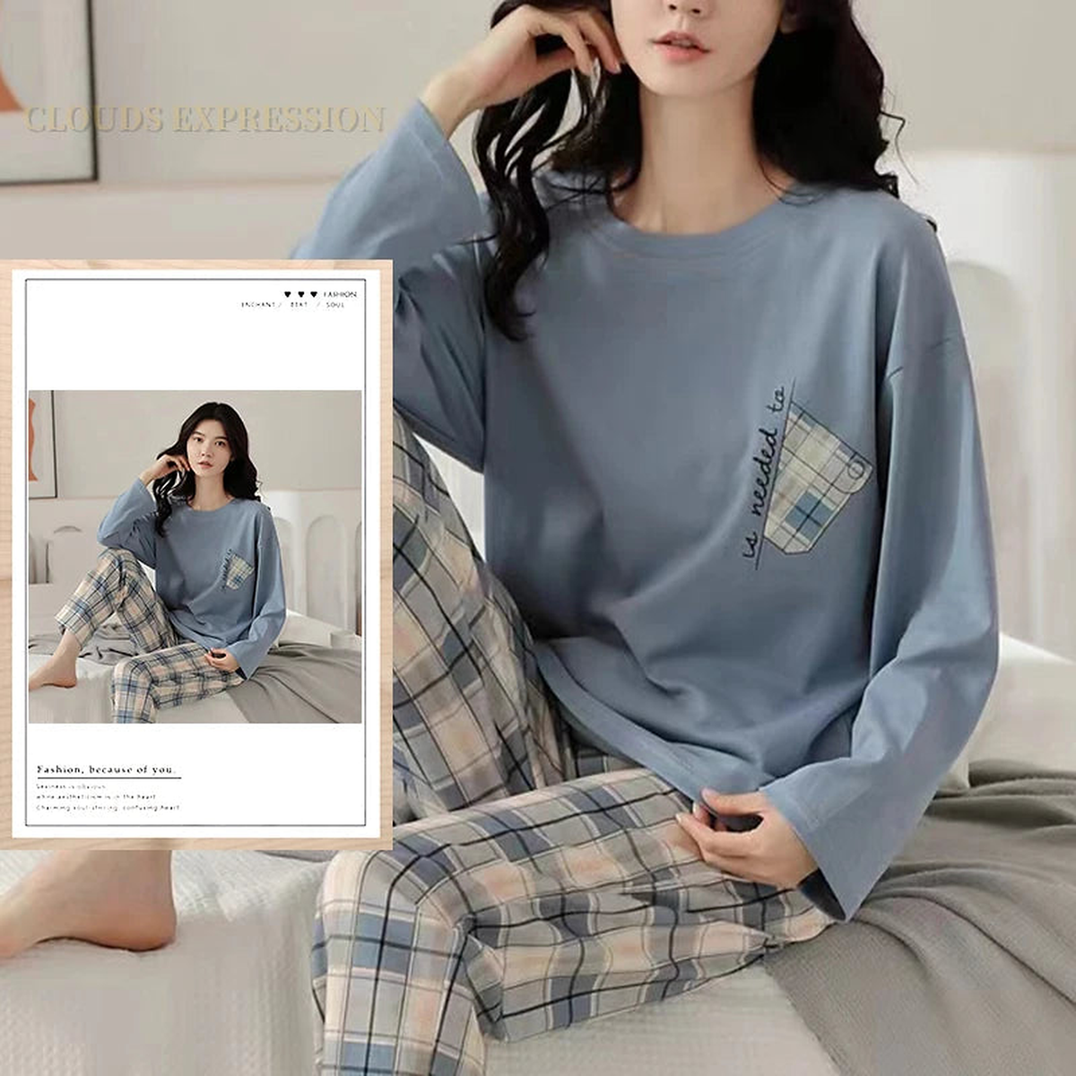 On voit une femme brune qui porte un pyjama bleu