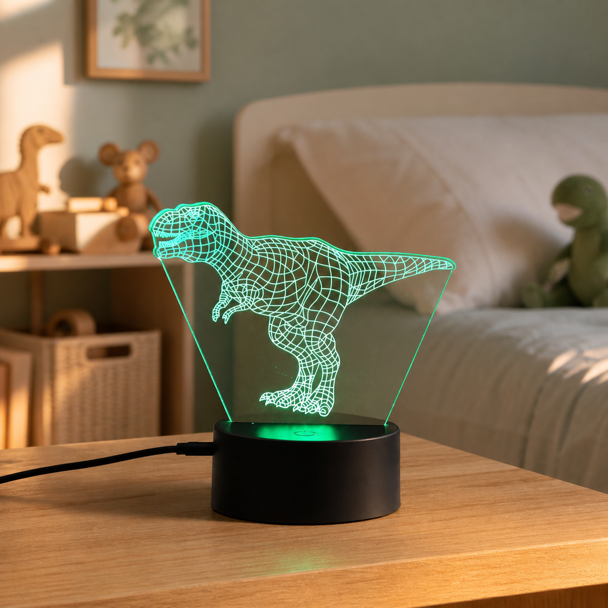 Lampe veilleuse dinosaure 3D à LED, modèle T-REX 1, allumée dans une chambre d'enfant