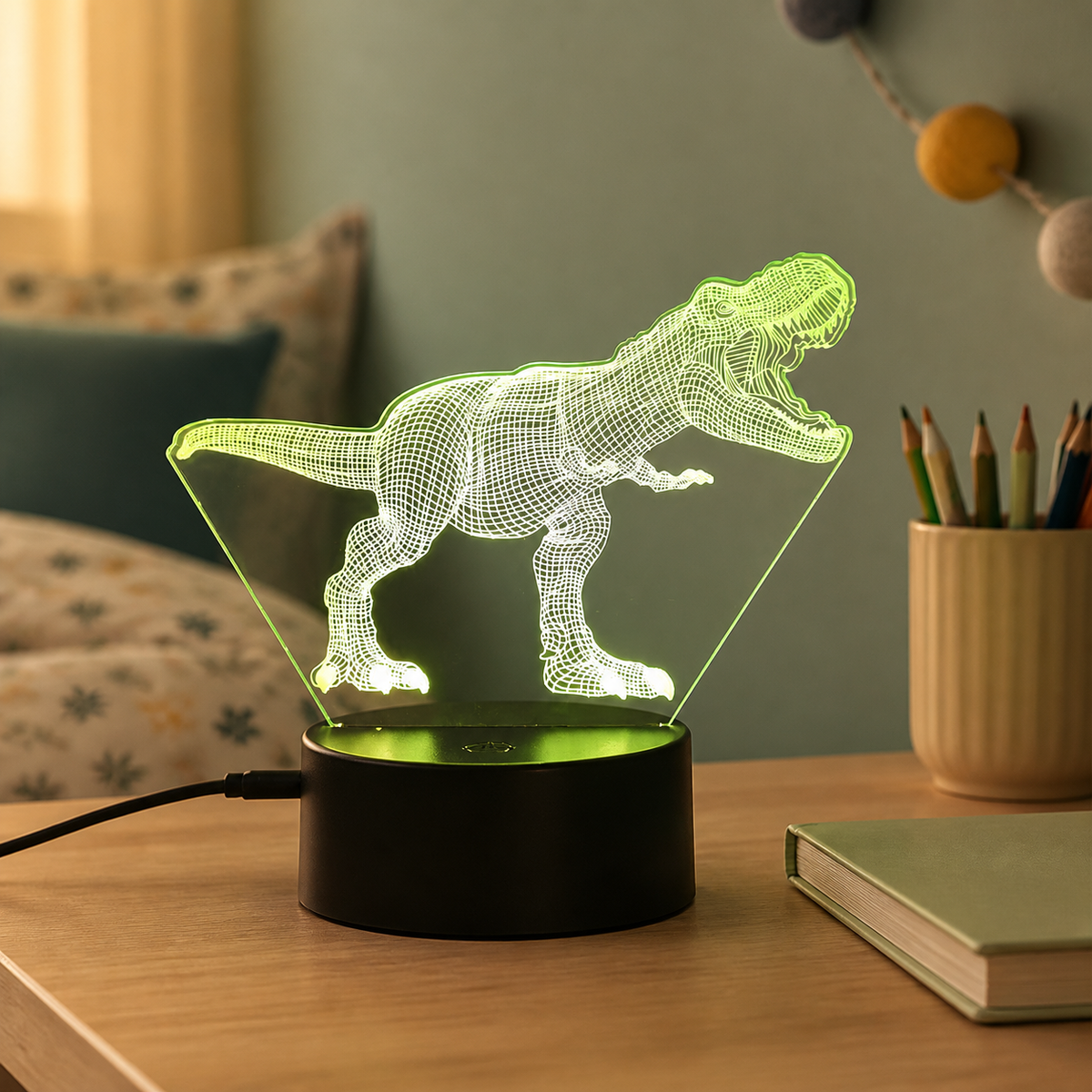 Lampe veilleuse dinosaure 3D à LED, modèle T-REX 2, allumée dans une chambre d'enfant