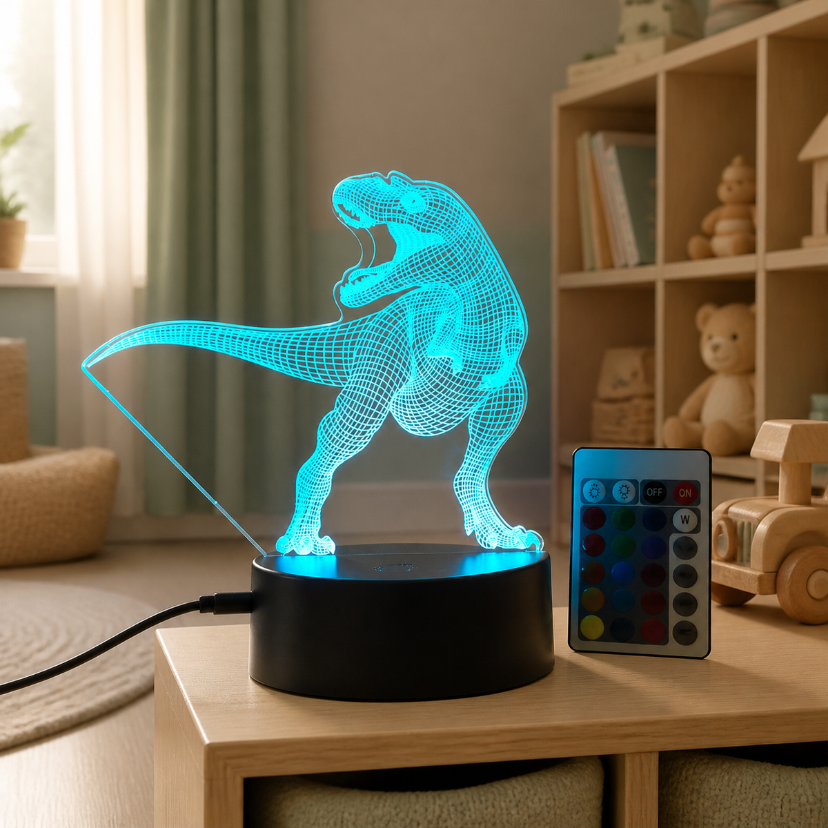Lampe veilleuse dinosaure 3D à LED, modèle T-REX 3, allumée dans une chambre d'enfant
