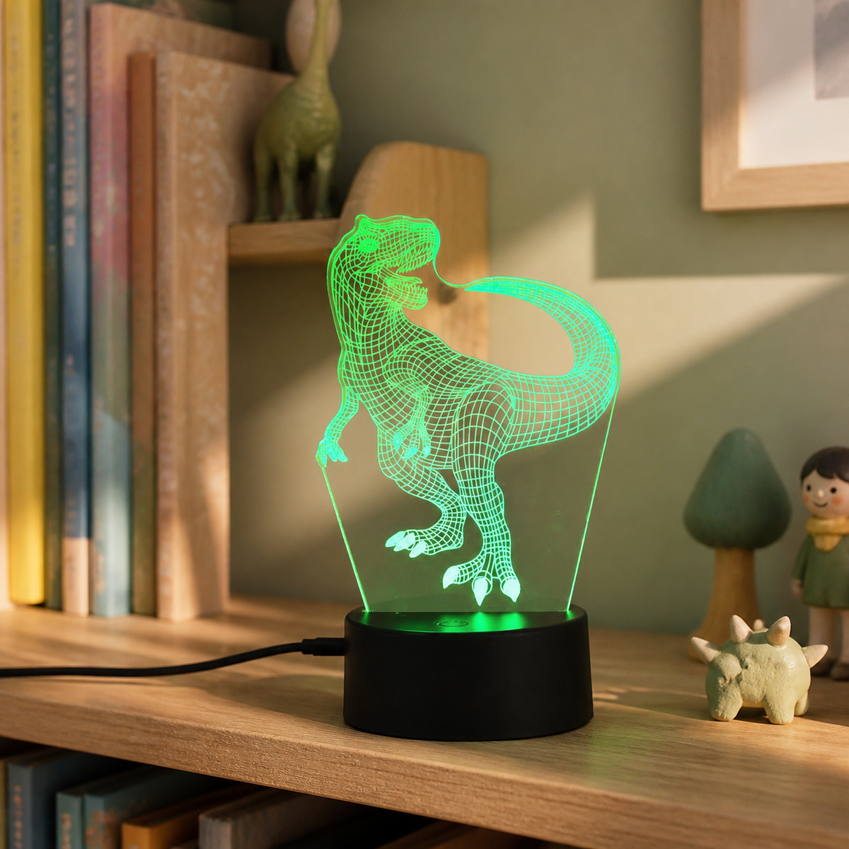 Lampe veilleuse dinosaure 3D à LED, modèle T-REX 4, allumée dans une chambre d'enfant