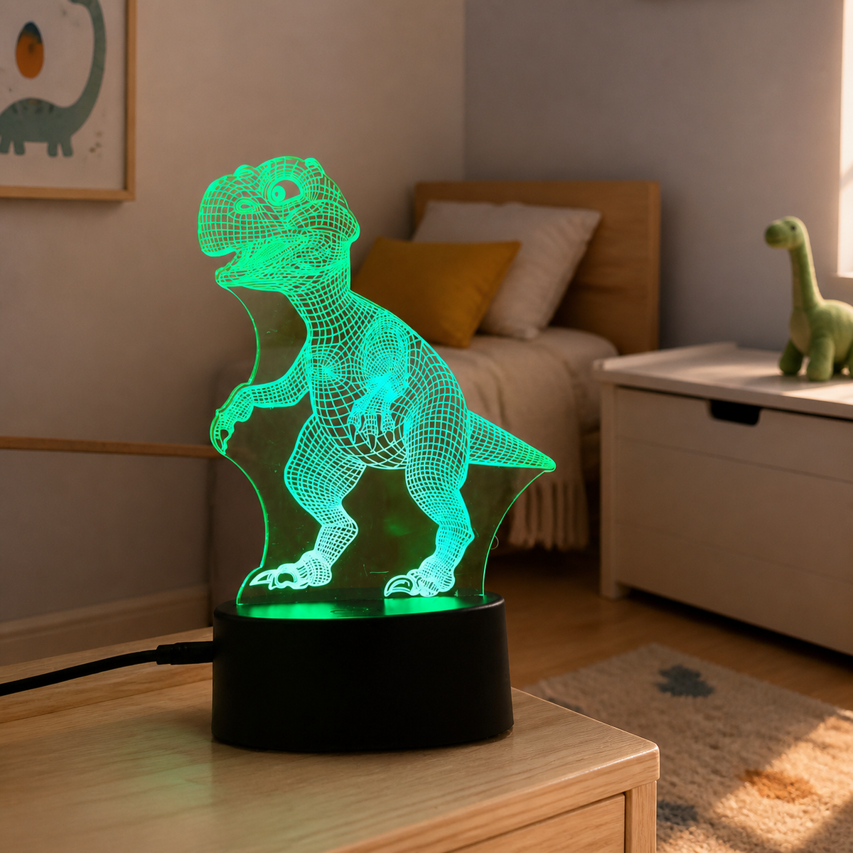 Lampe veilleuse dinosaure 3D à LED, modèle T-REX 5, allumée dans une chambre d'enfant