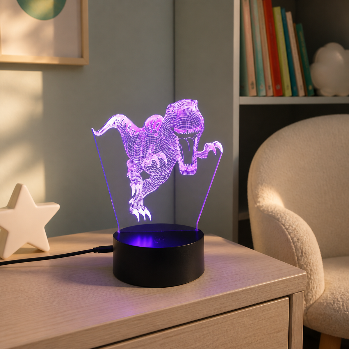 Lampe veilleuse dinosaure 3D à LED, modèle T-REX 6, allumée dans une chambre d'enfant