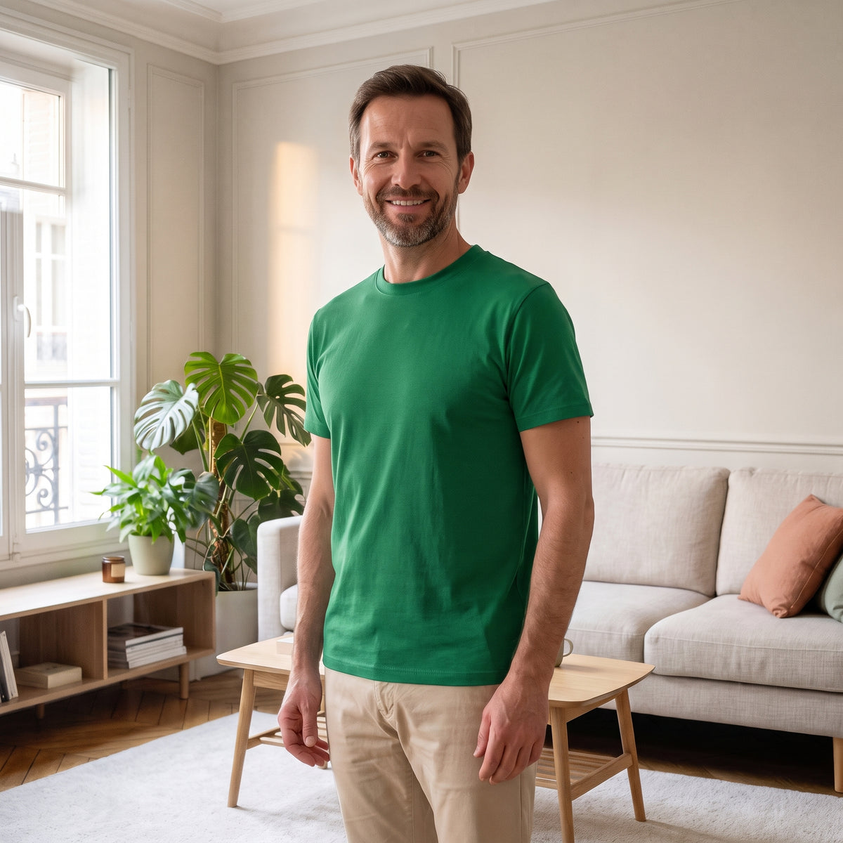 Homme en t-shirt cocooning vert foncé debout dans le salon Image