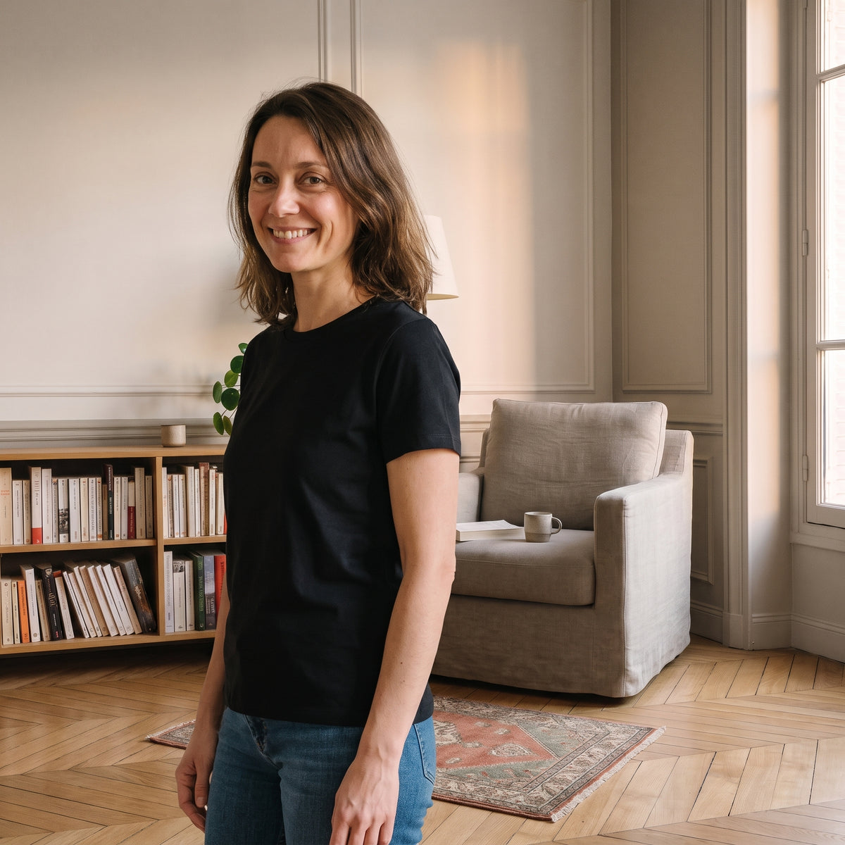 Femme en t-shirt cocooning noir dans son coin lecture, en fin de journée Image