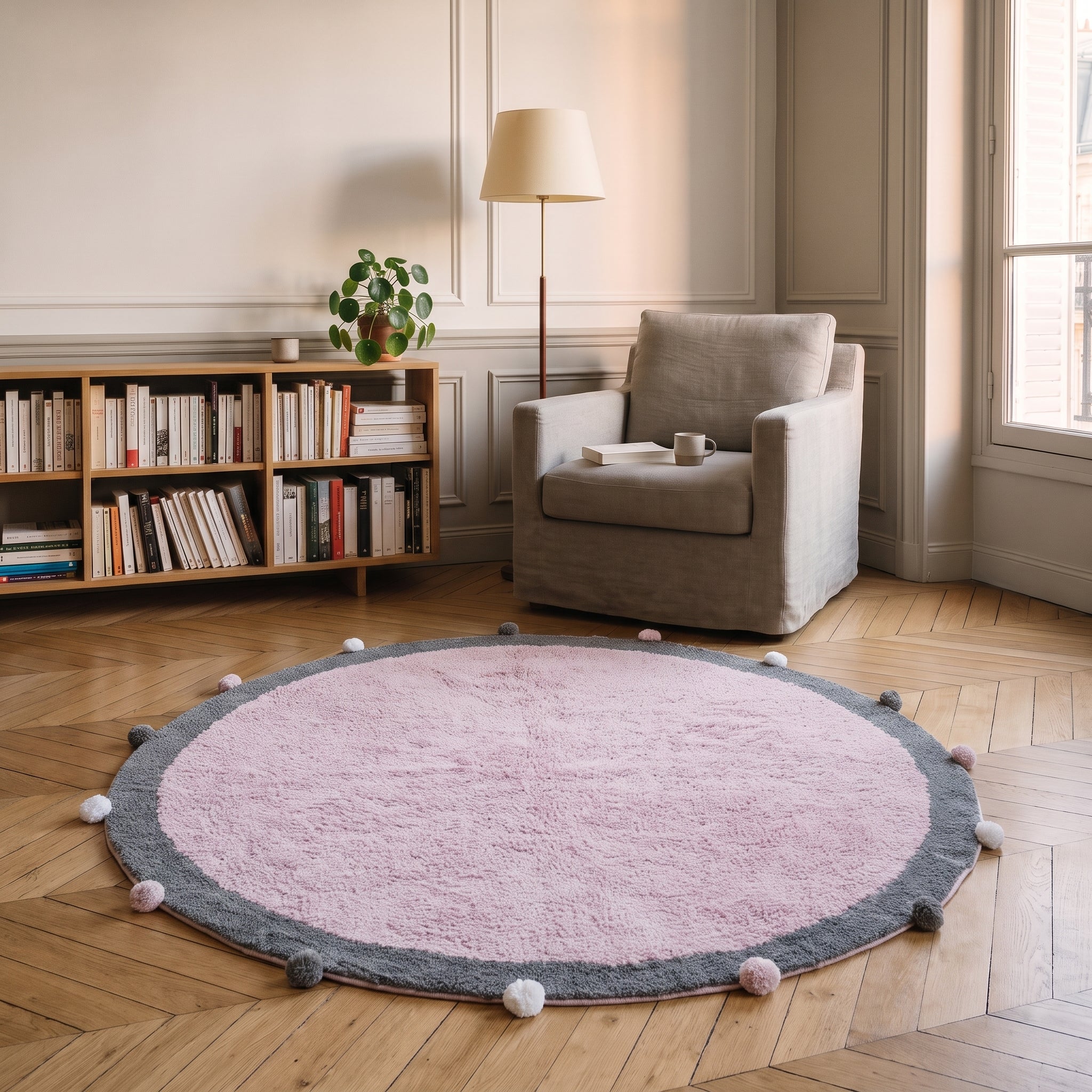 Tapis rond à pompons rose posé au sol d'un coin lecture, au pied d'un fauteuil, vue en perspective Image