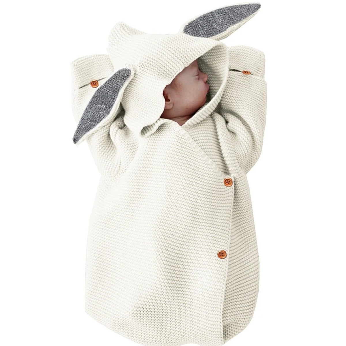 Turbulette bébé blanche en tricot avec capuche à longues oreilles et boutons bois