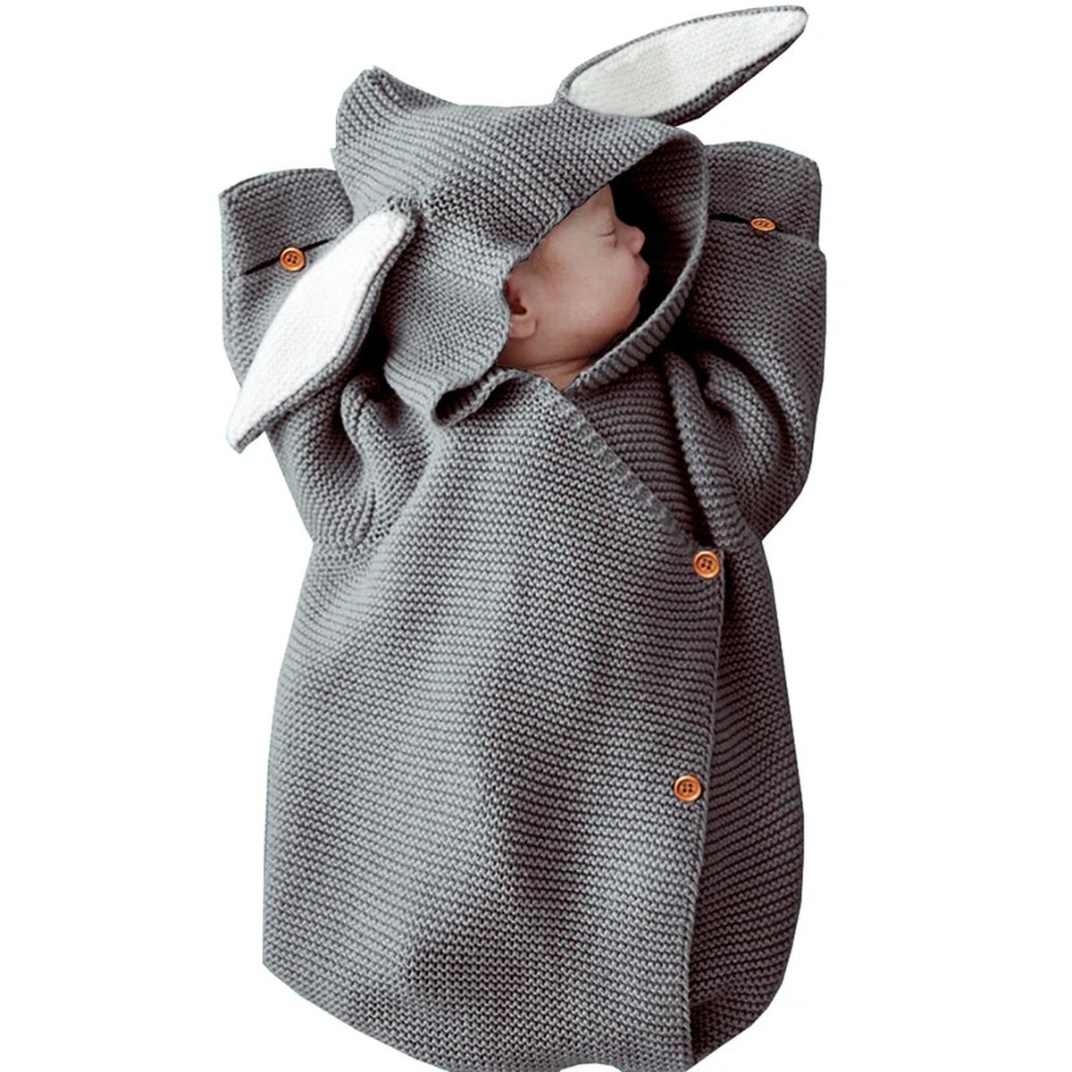 Turbulette bébé grise en tricot avec capuche à longues oreilles et boutons bois