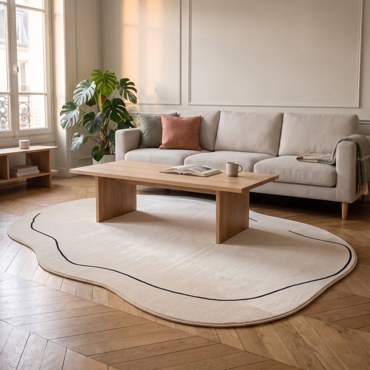 Tapis forme nuage écru sous la table basse, vue d'ensemble du salon