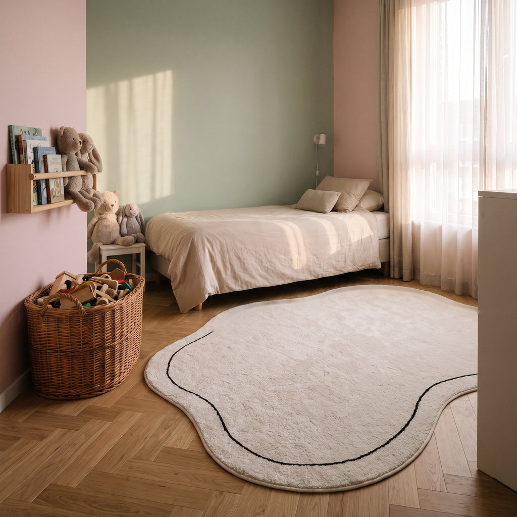 Tapis forme nuage écru posé au sol d'une chambre d'enfant