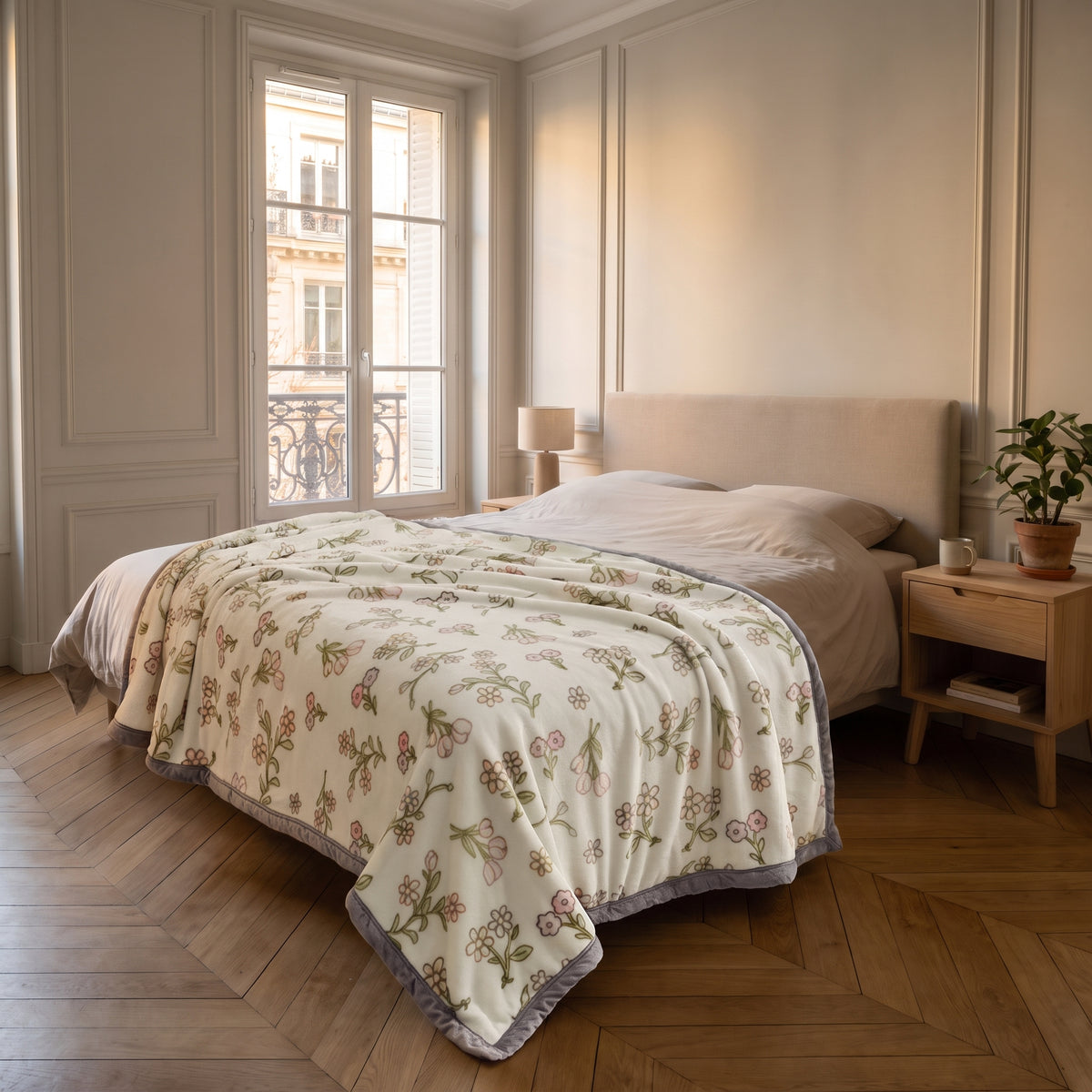 Plaid en peluche à fleurs des champs déplié sur un lit deux places