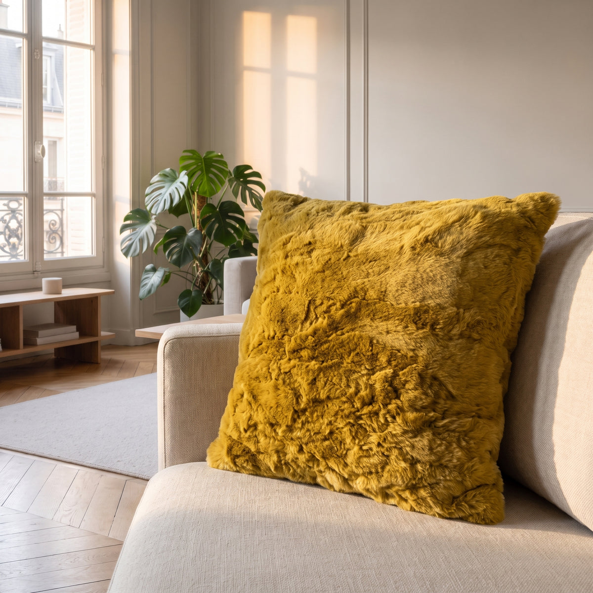 Coussin extra doux en fausse fourrure kaki posé contre l'accoudoir d'un canapé en lin