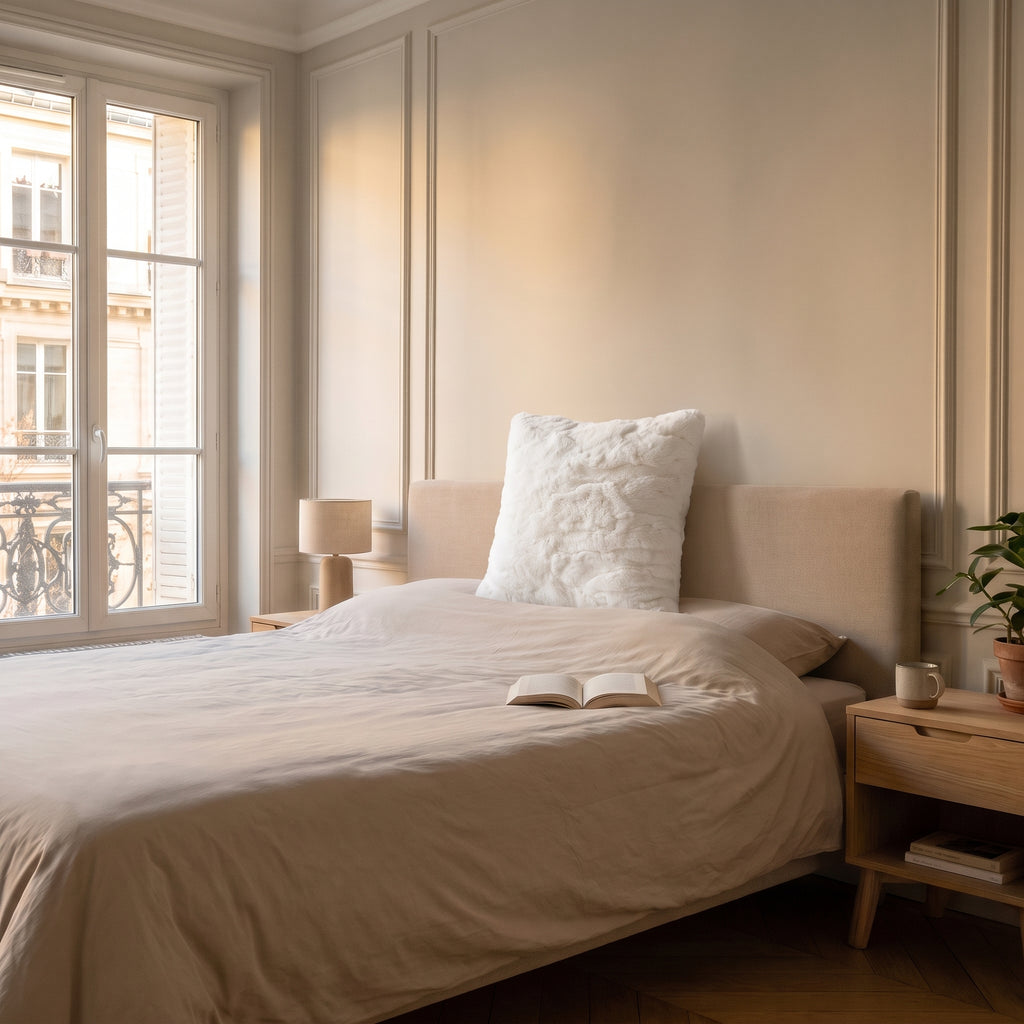 Coussin extra doux en fausse fourrure blanche posé contre la tête de lit