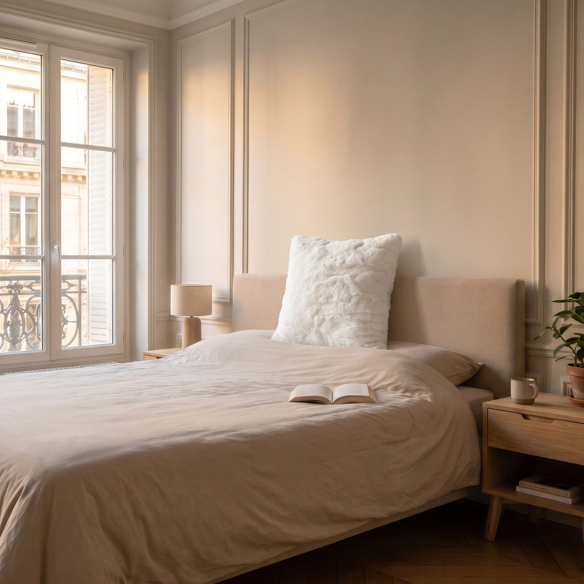 Coussin extra doux en fausse fourrure blanche posé contre la tête de lit