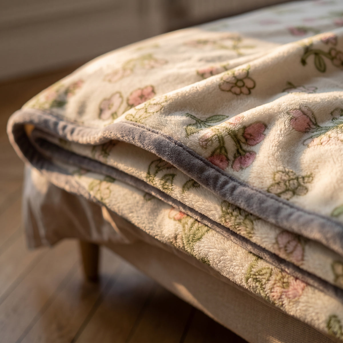 Détail du poil long du plaid en peluche replié au pied d'un lit