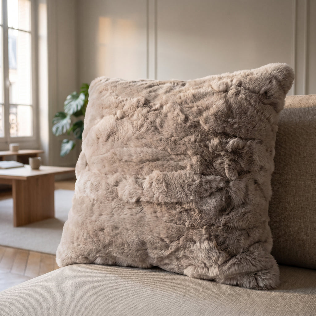 Coussin extra doux en fausse fourrure taupe posé sur l'assise d'un canapé en lin clair