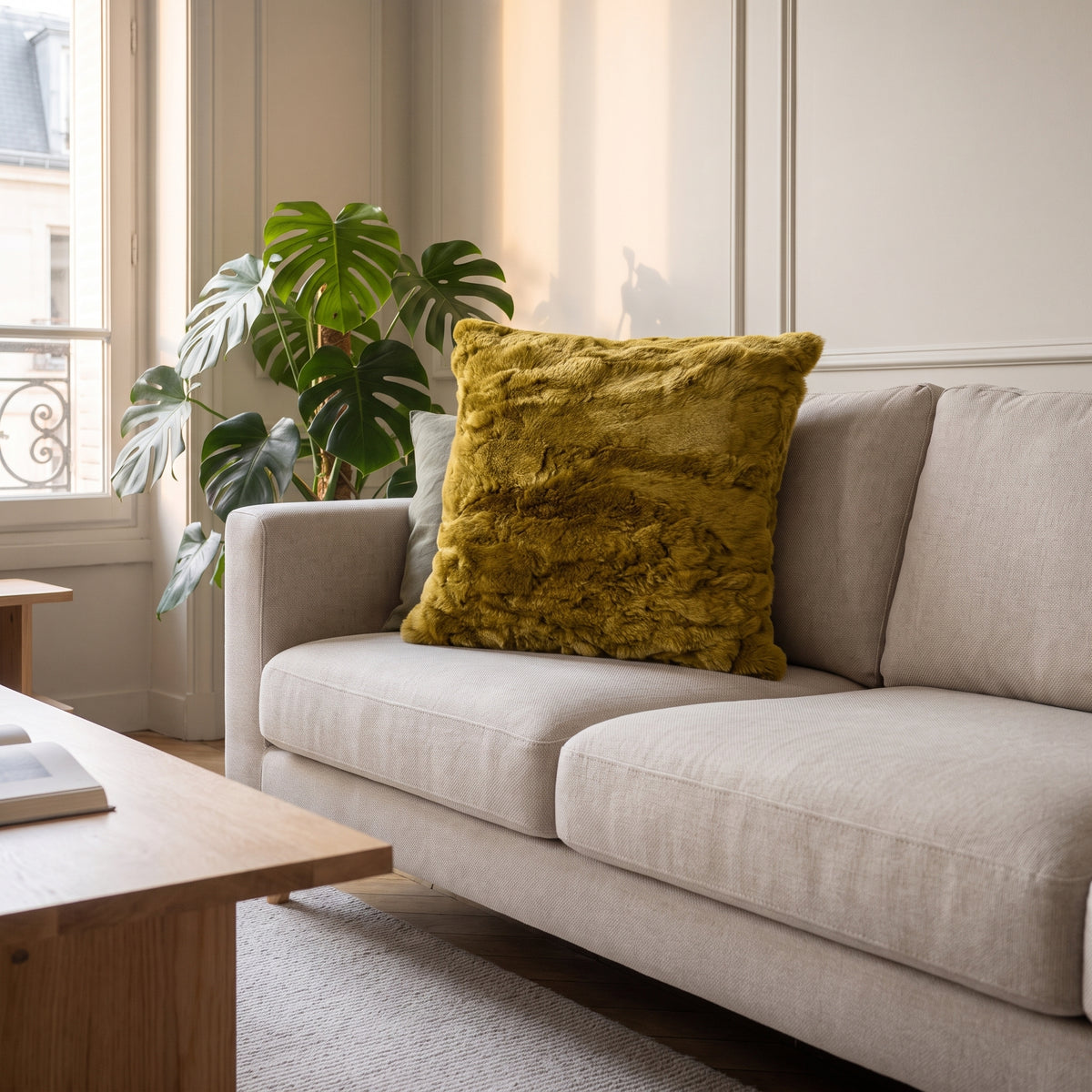 Coussin extra doux kaki sur le canapé d'un salon, vue d'ensemble de la pièce
