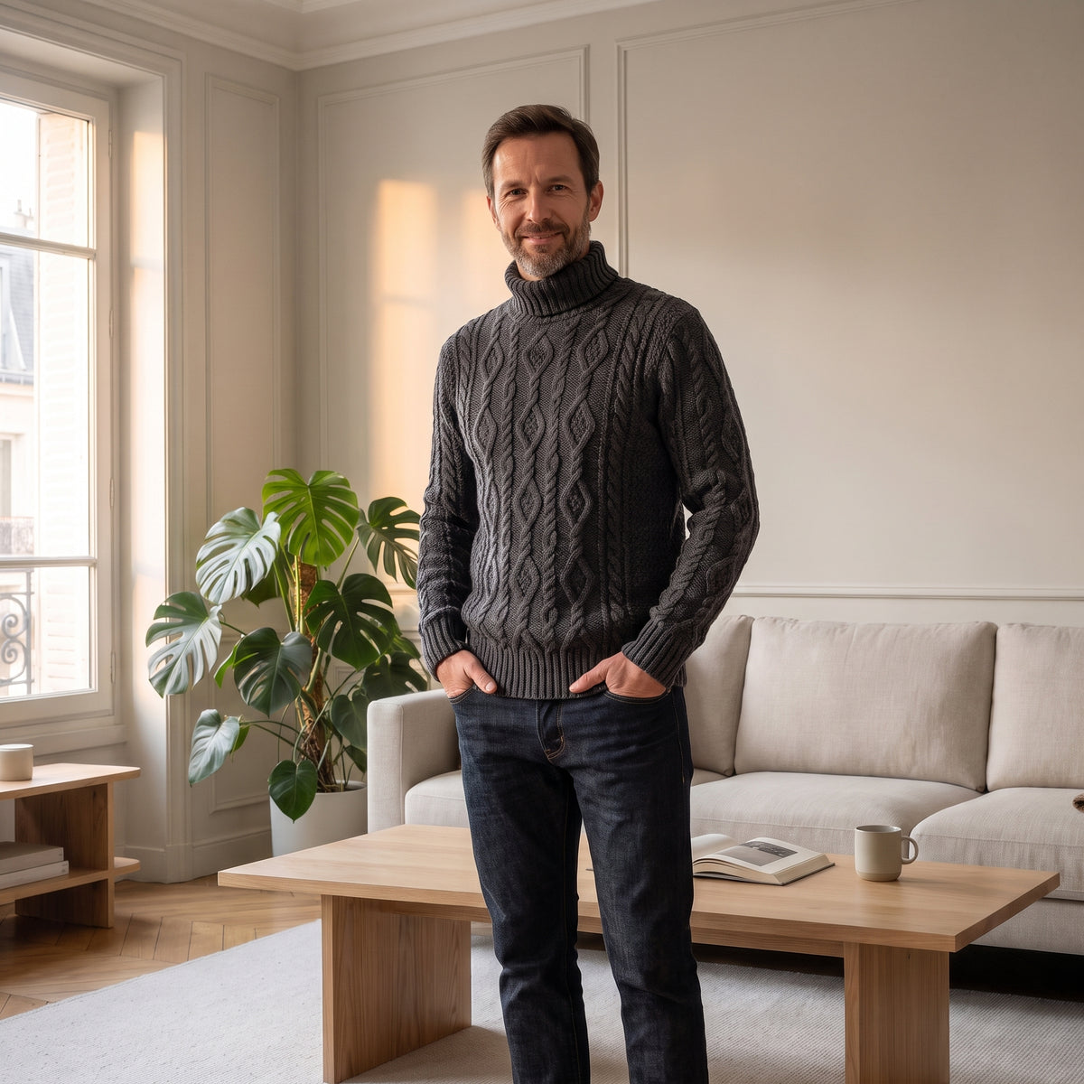 Pull col roulé homme en maille torsadée gris anthracite, porté sur un jean