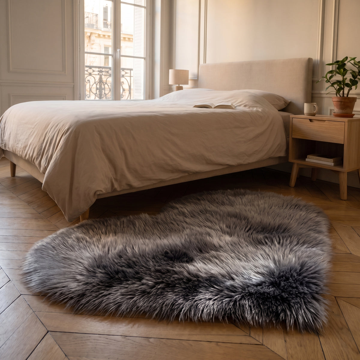 Petit tapis cœur gris anthracite posé au pied du lit
