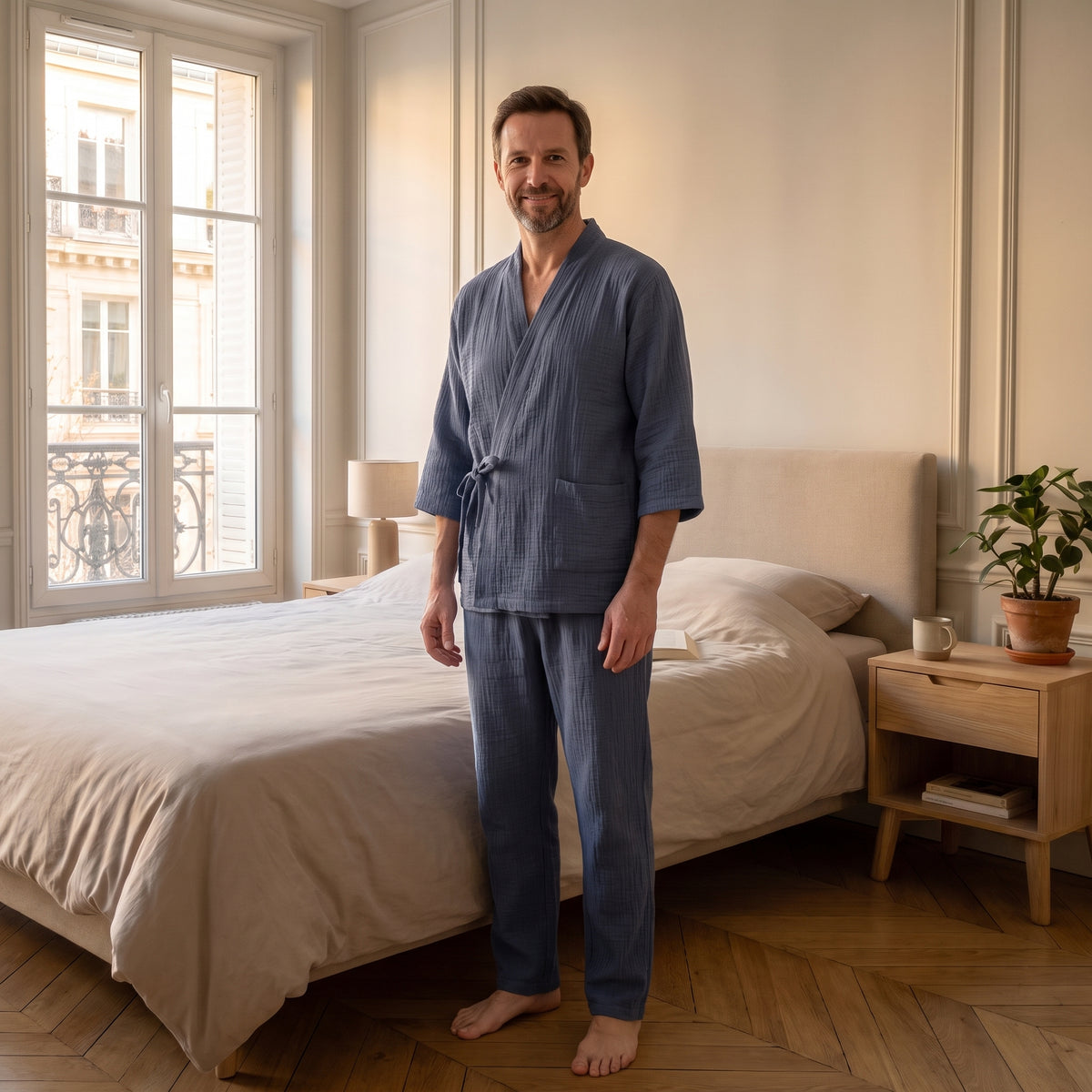Pyjama kimono homme en gaze de coton bleu ardoise, veste croisée et nouée