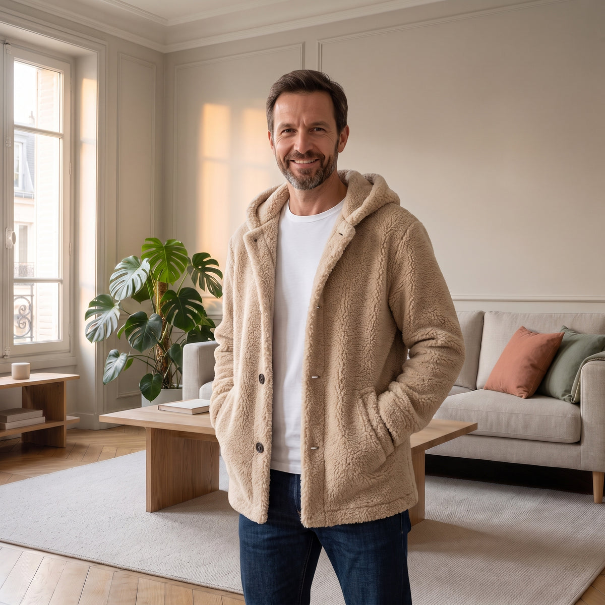 Veste à capuche en peluche beige portée ouverte sur un tee-shirt blanc