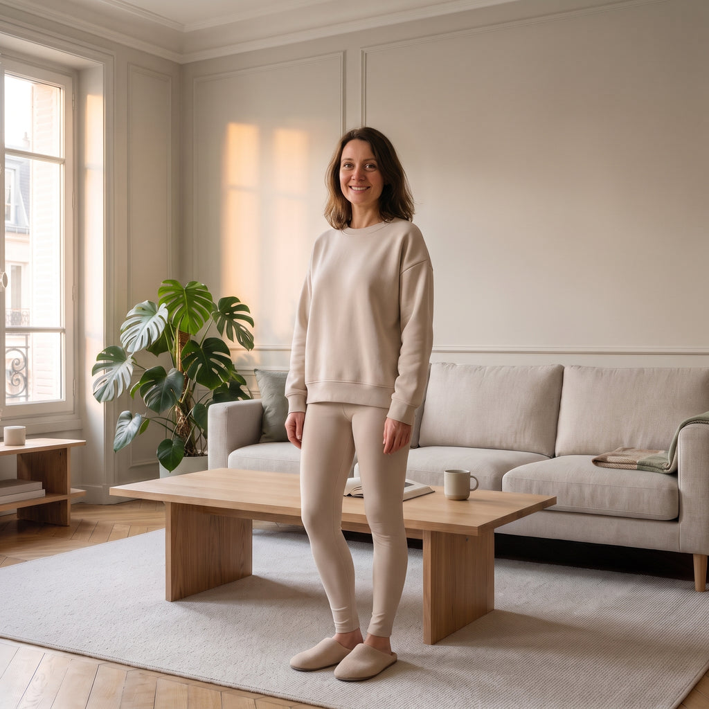 Ensemble sweat oversize et legging beige porté à la maison