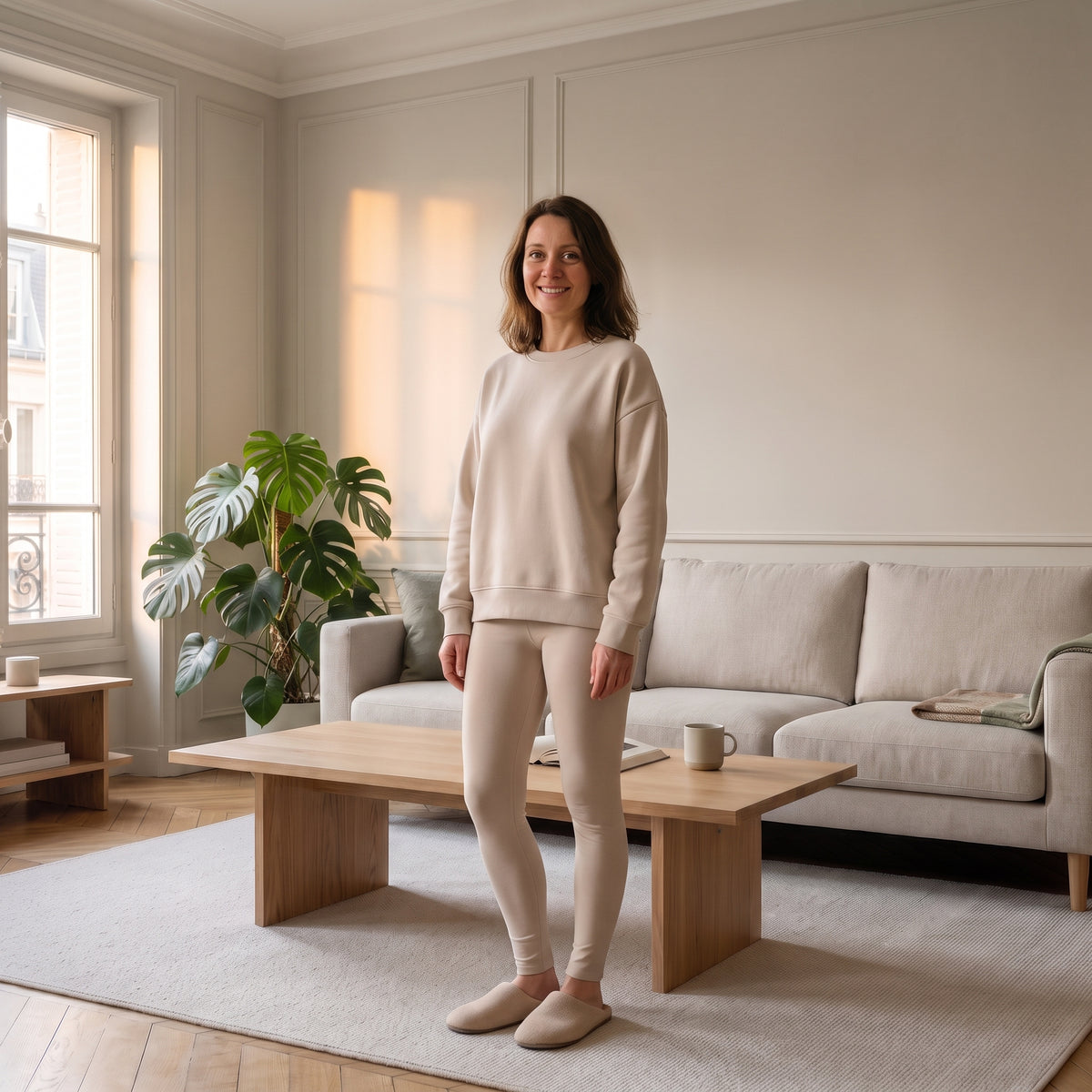 Ensemble sweat oversize et legging beige porté à la maison