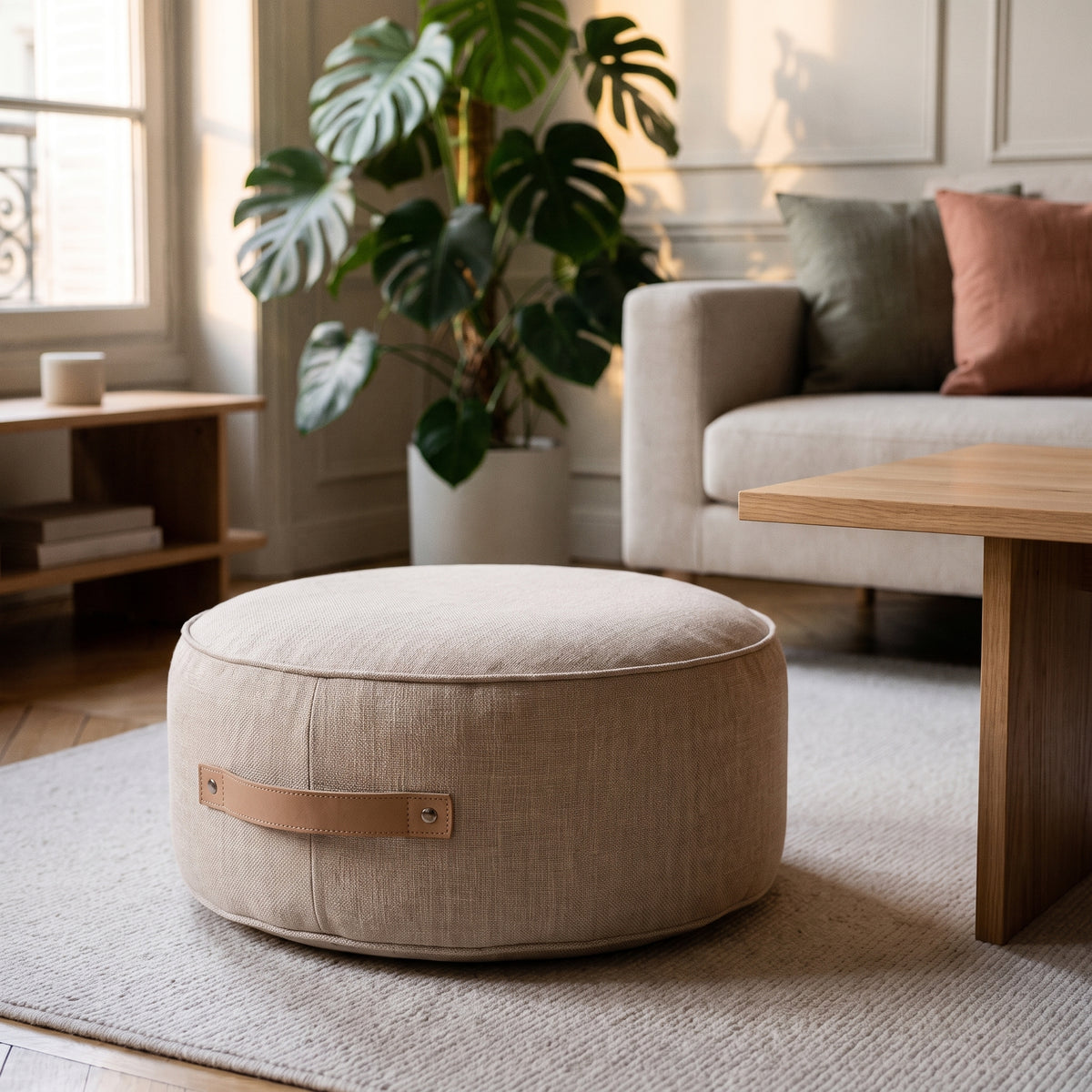 Pouf de sol rond beige lin posé sur le tapis du salon, poignée visible