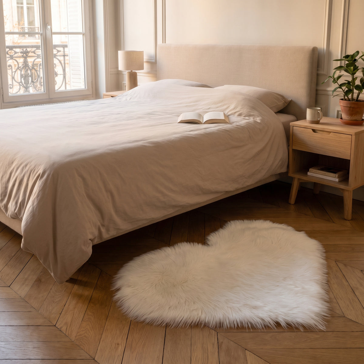 Petit tapis cœur blanc cassé posé au pied du lit