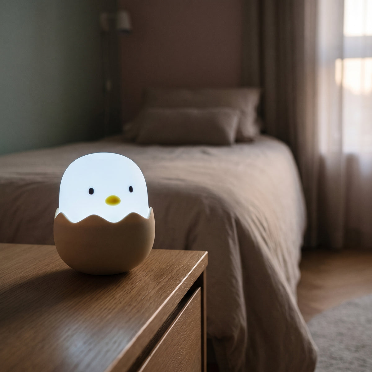 Veilleuse poussin allumée en lumière blanche sur une table de chevet