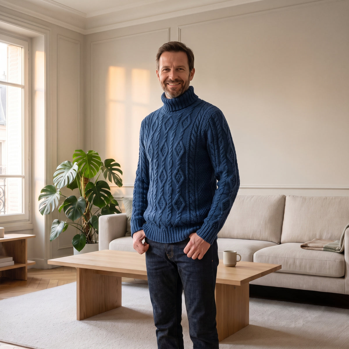 Pull col roulé homme en maille torsadée bleu, porté sur un jean