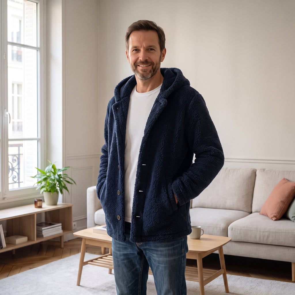 Veste à capuche en peluche bleu nuit portée ouverte sur un tee-shirt blanc