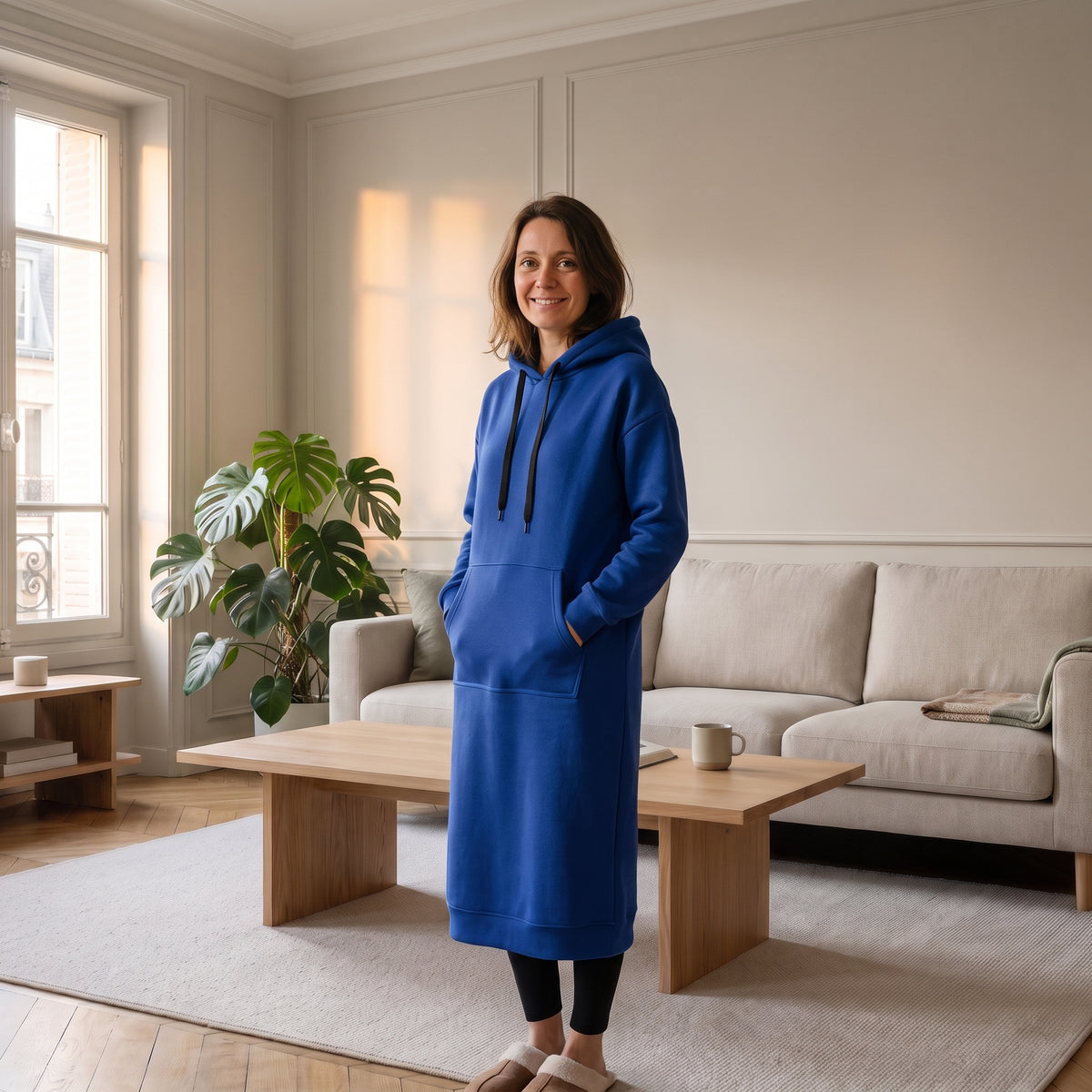 Robe sweat à capuche bleu roi portée sur un legging noir