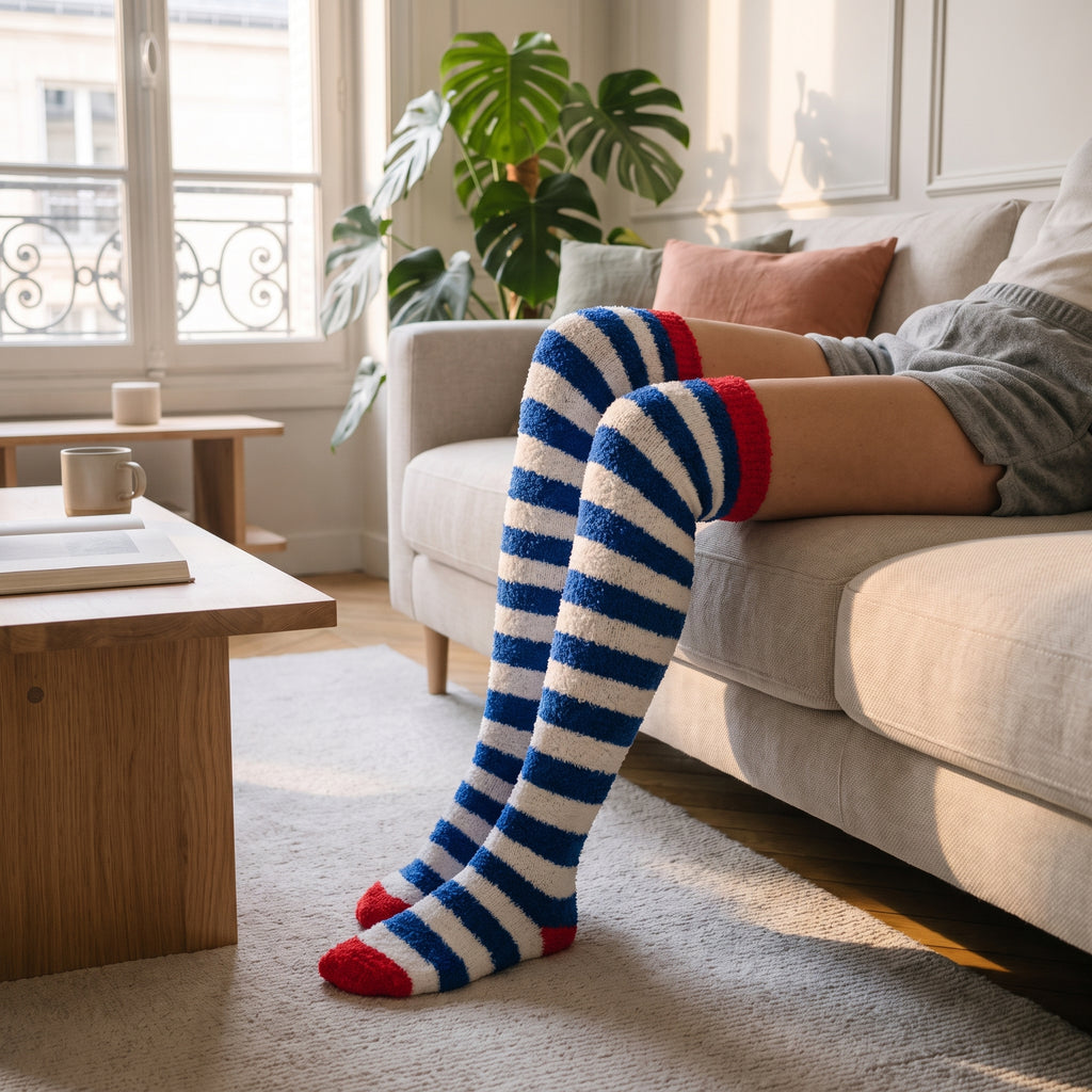 Chaussettes montantes rayées bleu roi et blanc portées au-dessus du genou