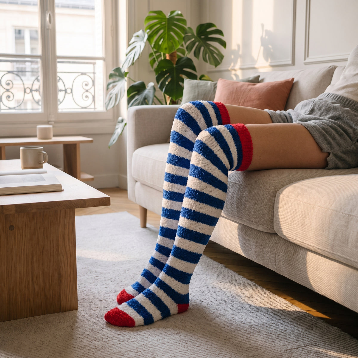 Chaussettes montantes rayées bleu roi et blanc portées au-dessus du genou