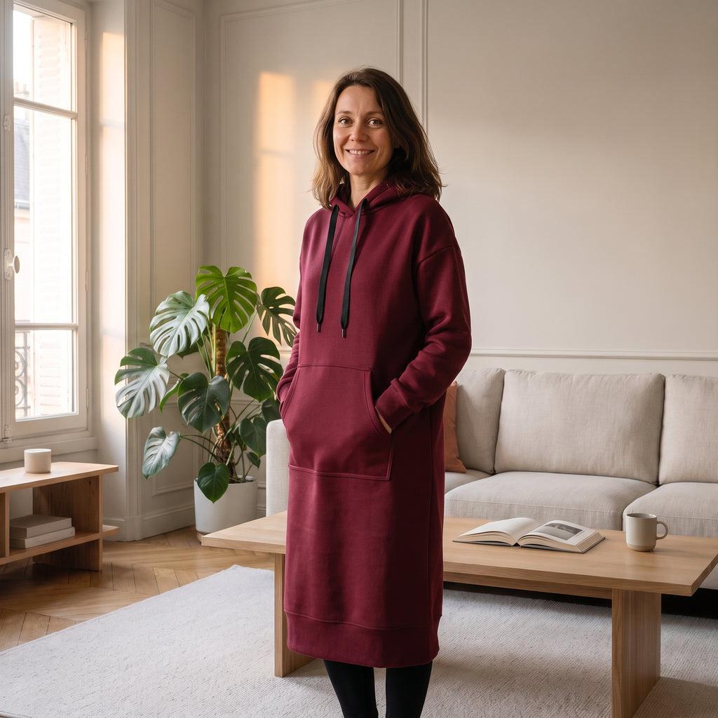 Robe sweat à capuche bordeaux portée sur un legging noir