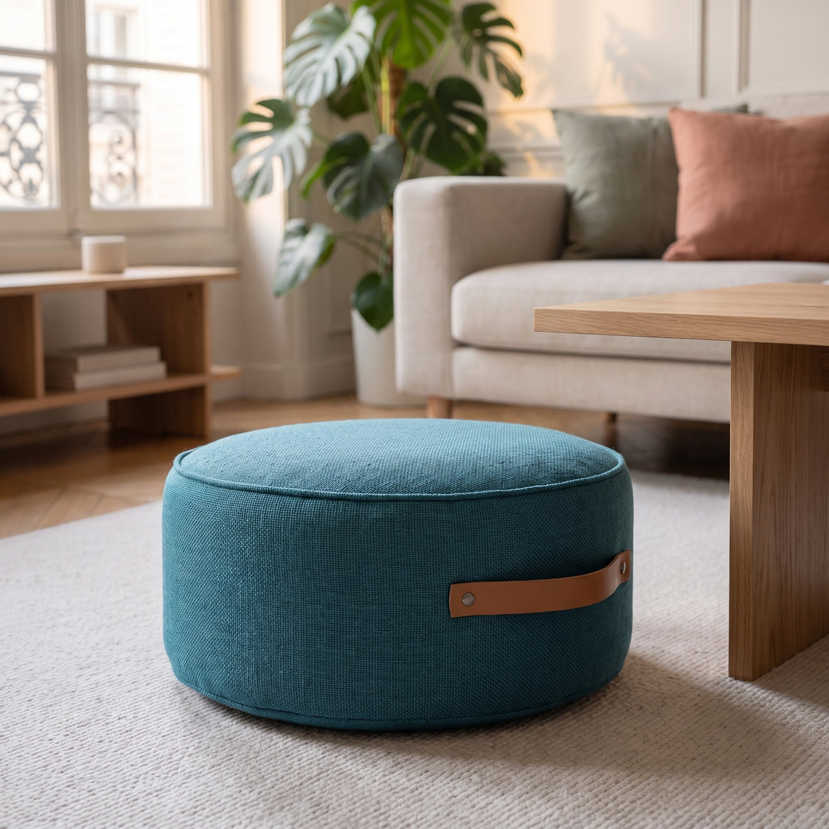 Pouf de sol rond bleu canard posé sur le tapis du salon, poignée visible