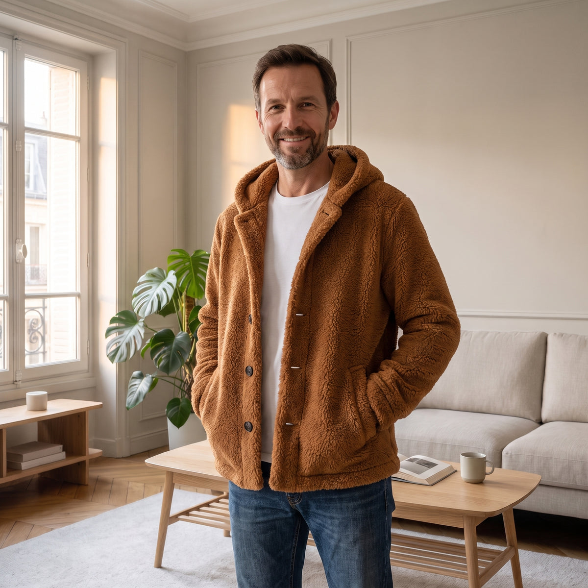 Veste à capuche en peluche caramel portée ouverte sur un tee-shirt blanc