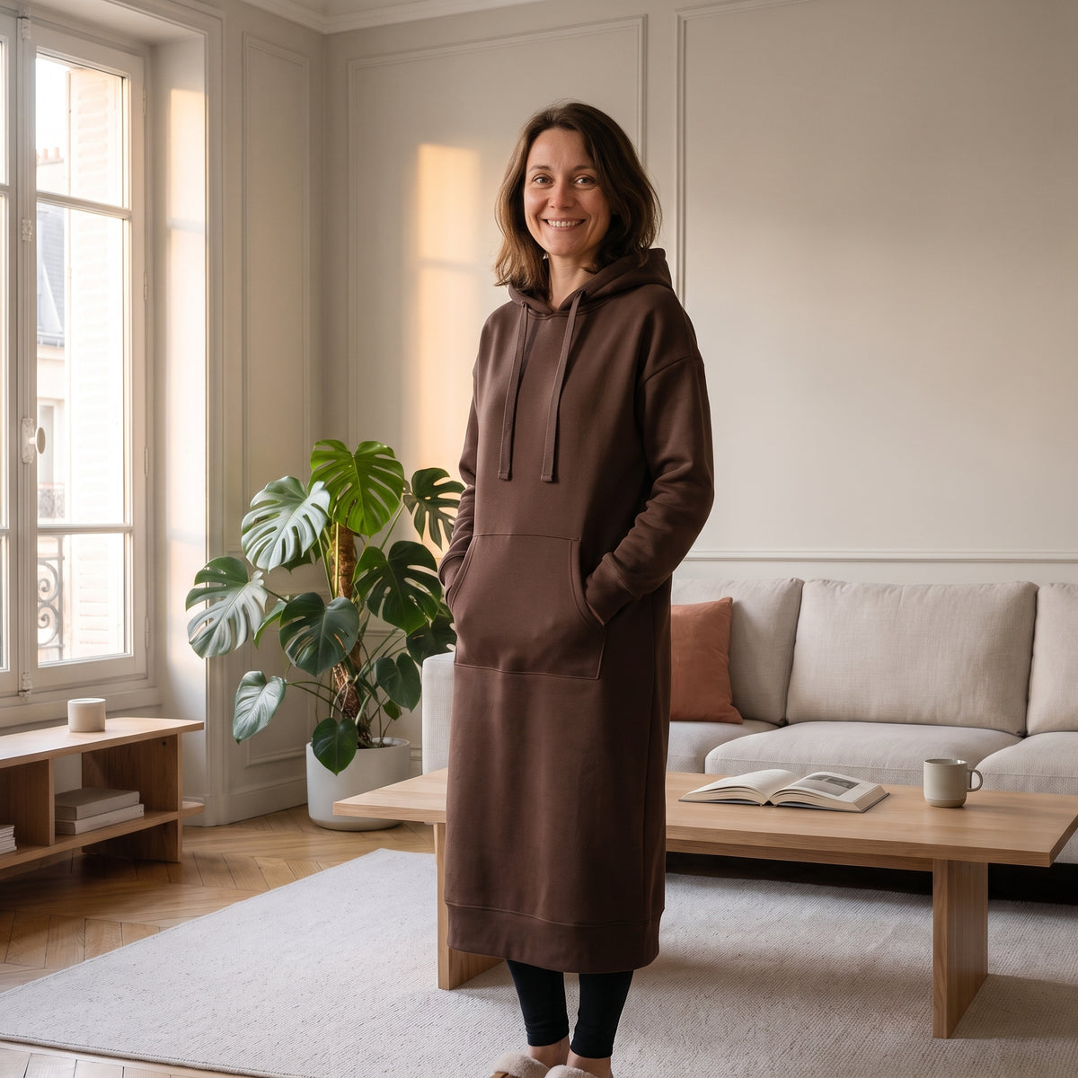 Robe sweat à capuche marron chocolat portée sur un legging noir