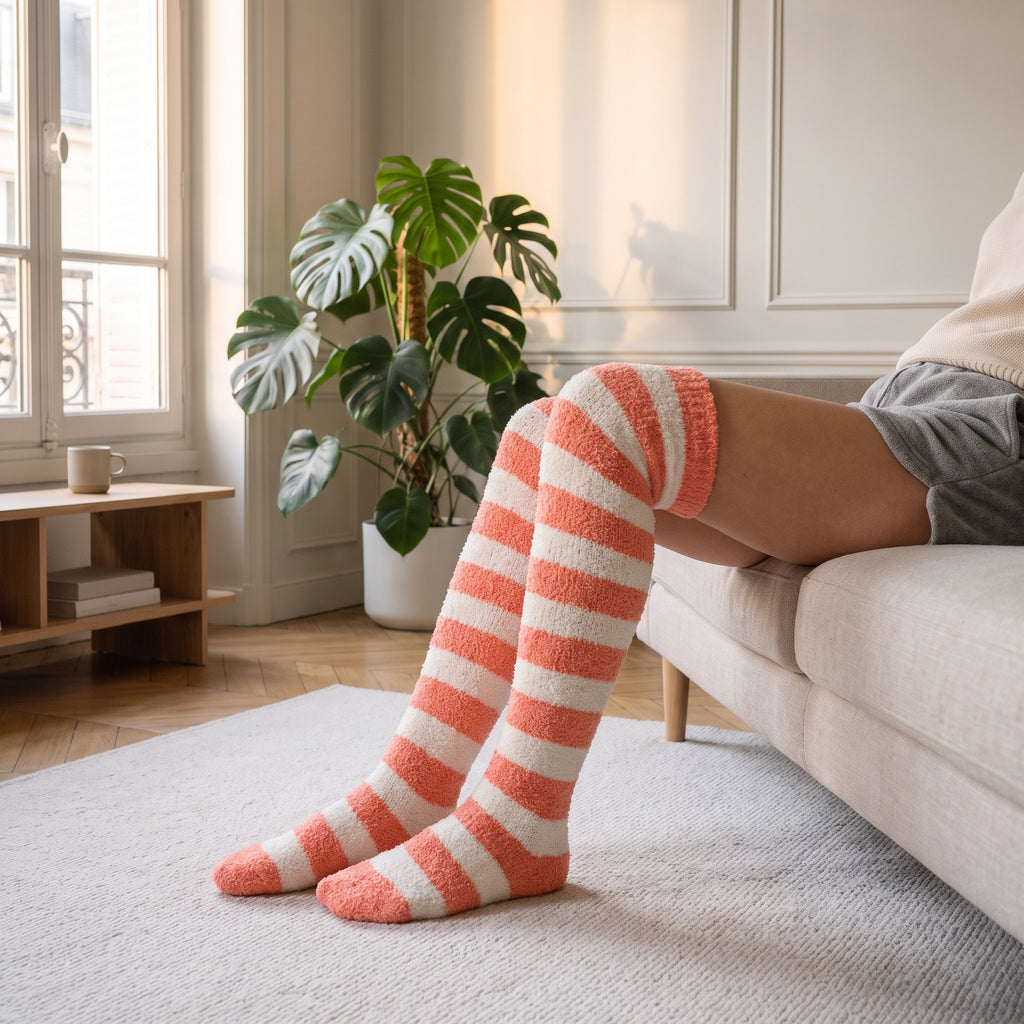 Chaussettes montantes rayées corail et blanc portées au-dessus du genou