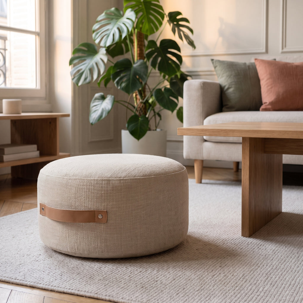 Pouf de sol rond écru posé sur le tapis du salon, poignée visible