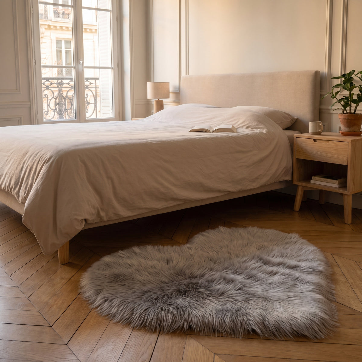 Petit tapis cœur gris clair posé au pied du lit