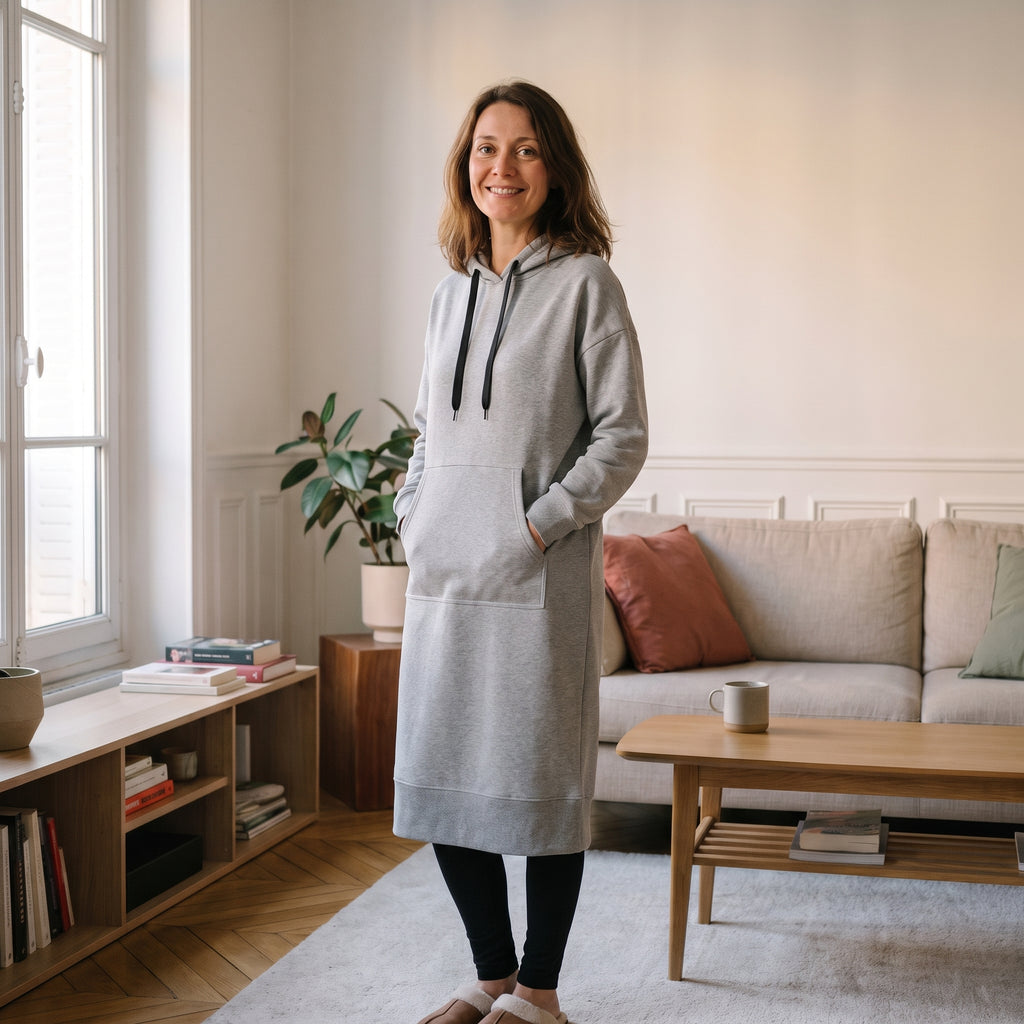Robe sweat à capuche gris chiné portée sur un legging noir