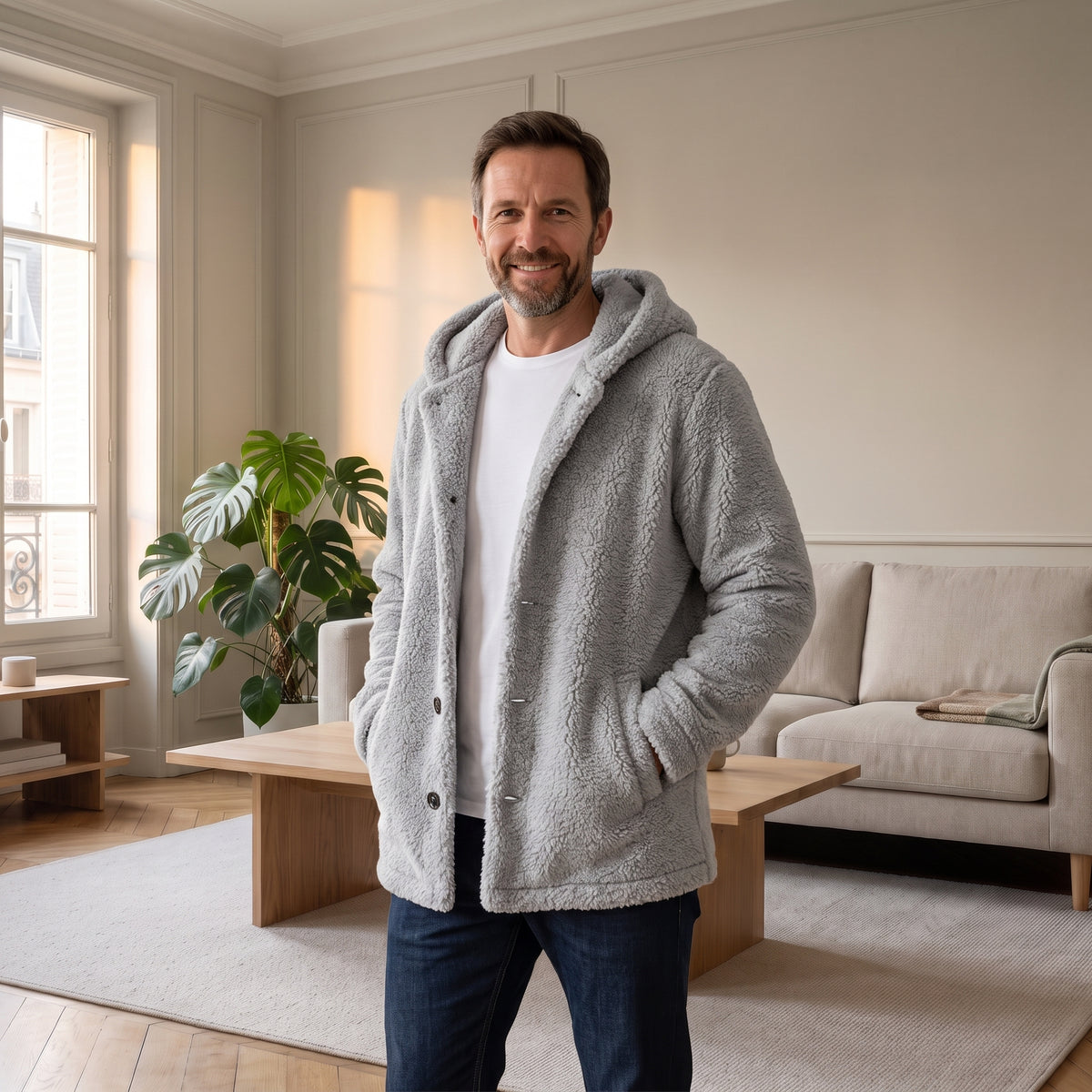 Veste à capuche en peluche gris perle portée ouverte sur un tee-shirt blanc