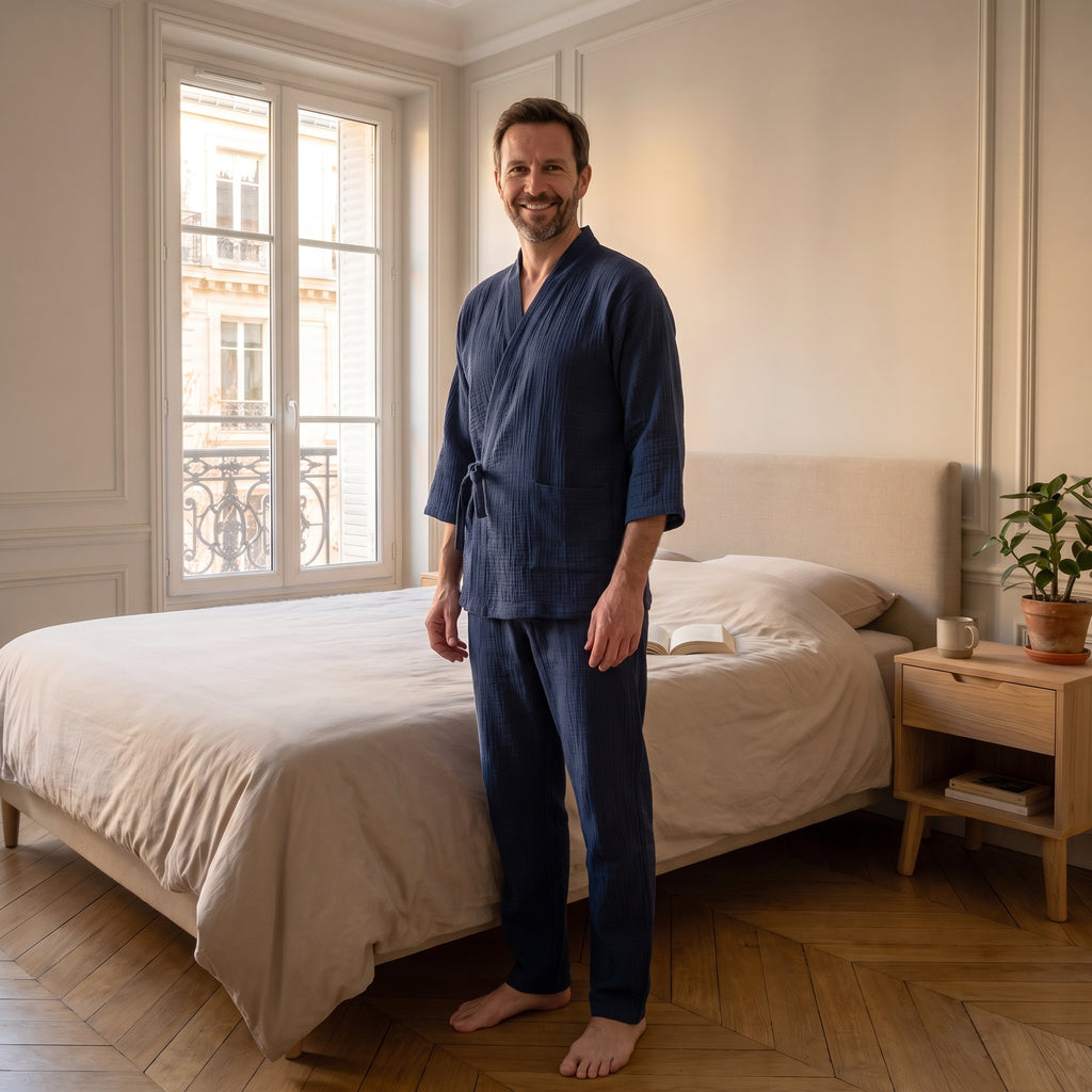 Pyjama kimono homme en gaze de coton bleu marine, veste croisée et nouée