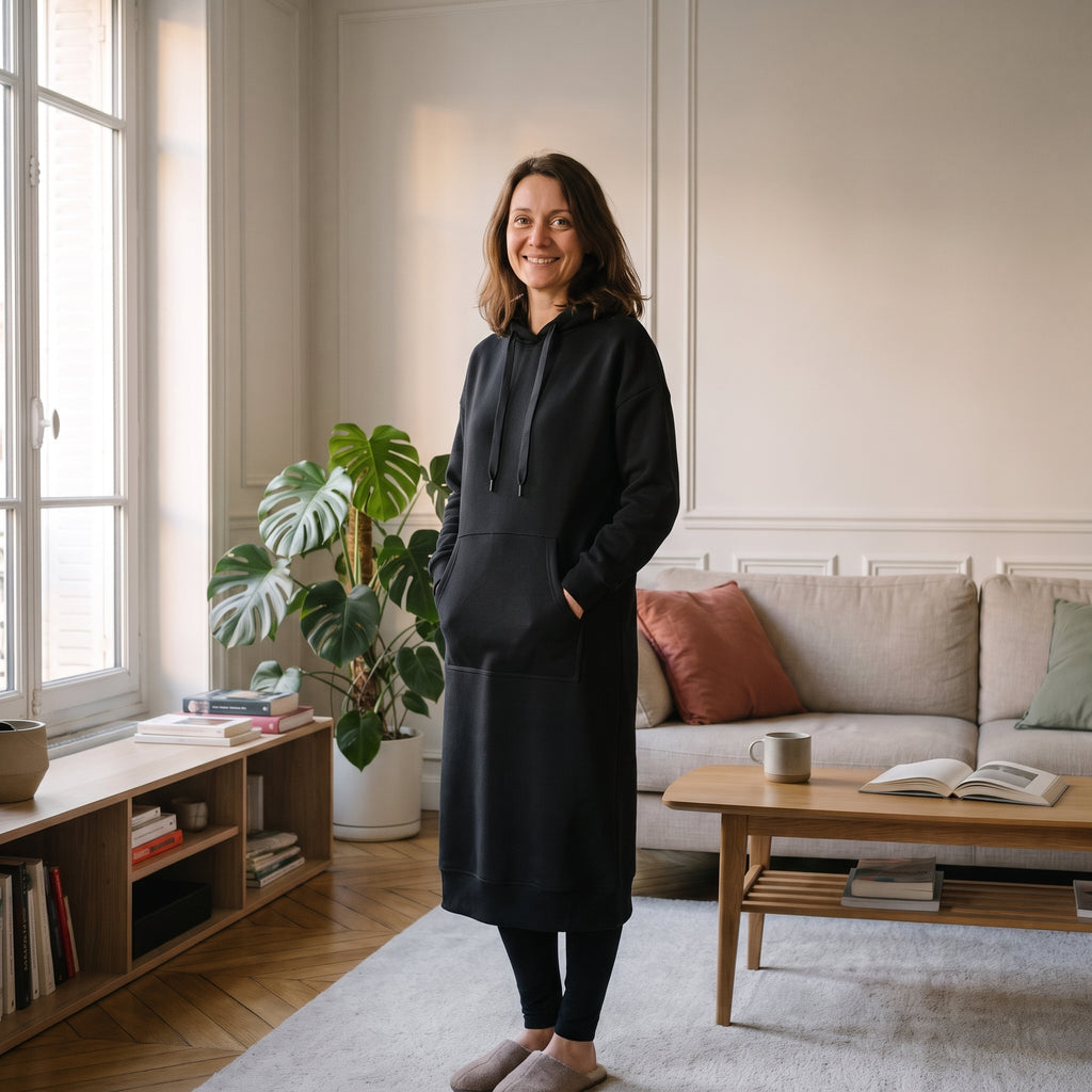 Robe sweat à capuche noire portée sur un legging noir