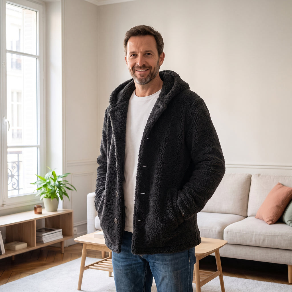 Veste à capuche en peluche noir charbon portée ouverte sur un tee-shirt blanc