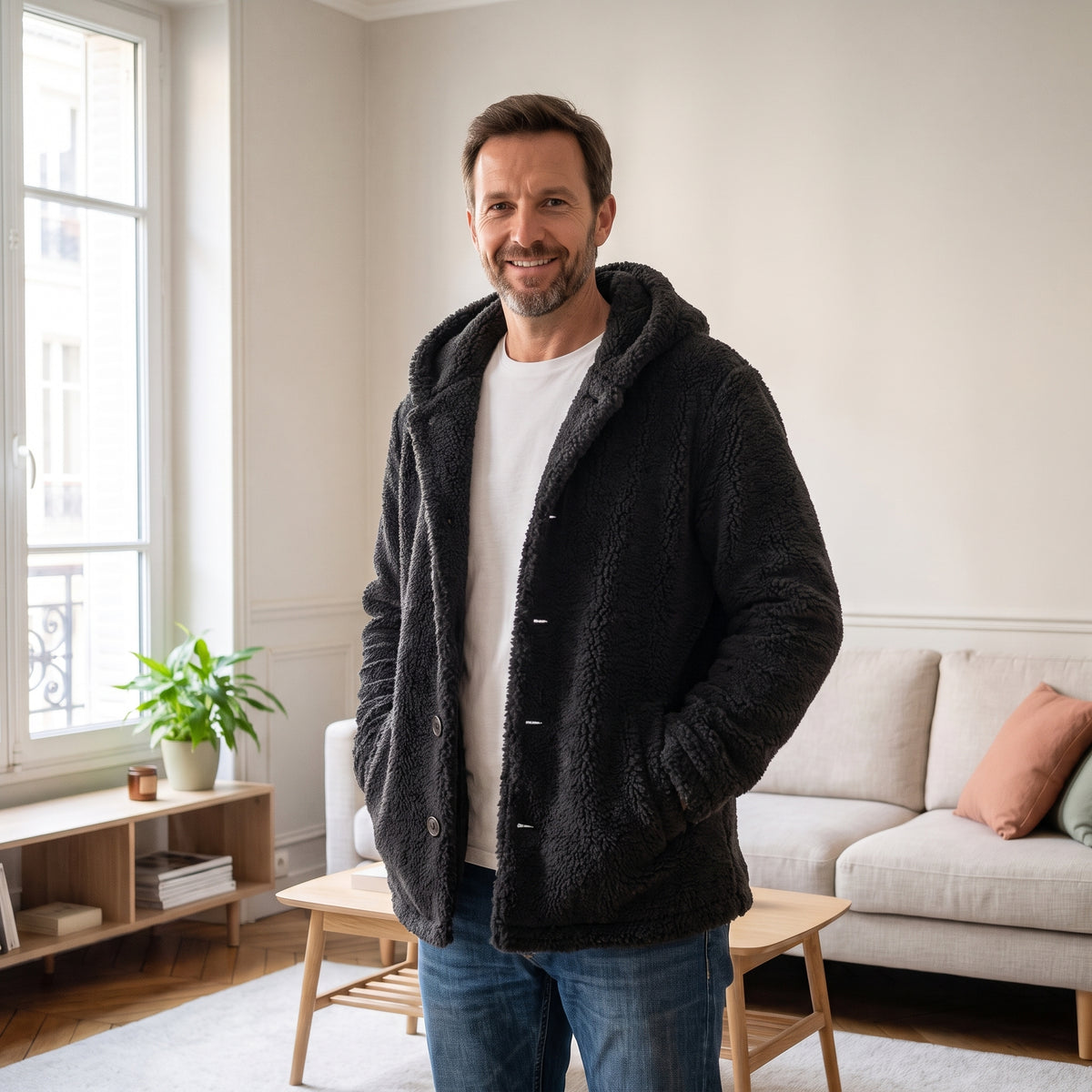 Veste à capuche en peluche noir charbon portée ouverte sur un tee-shirt blanc