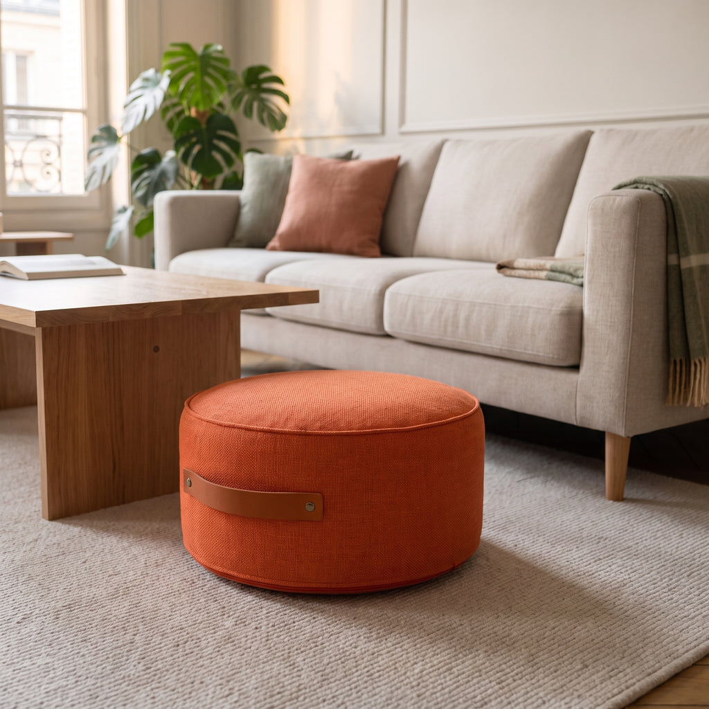 Pouf de sol rond orange posé sur le tapis du salon, poignée visible