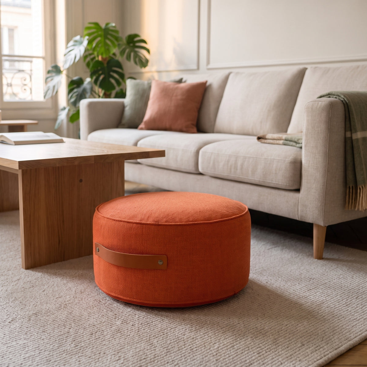 Pouf de sol rond orange posé sur le tapis du salon, poignée visible